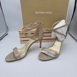 Michael Kors Ava Mid Sandal Women Size 8 Sand Gold Glitter Mesh 40F9AVMA3D Heel